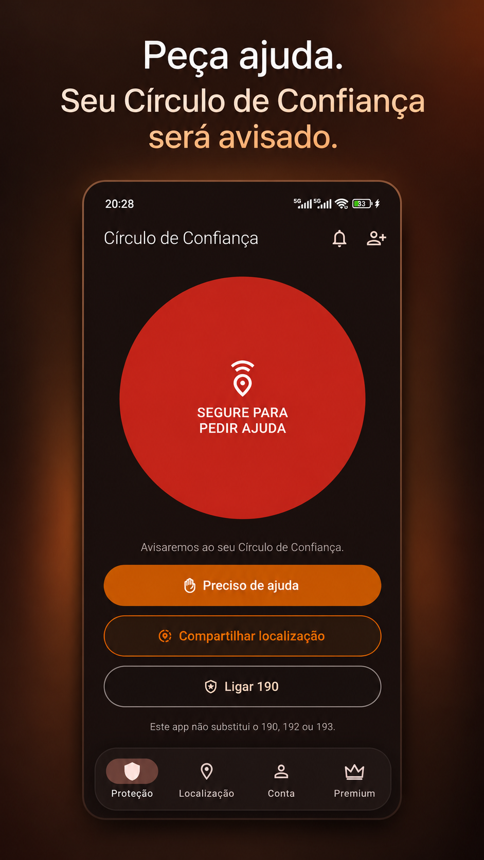 Arte do Círculo de Confiança com a mensagem Peça ajuda. Seu Círculo de Confiança será avisado. e a tela do pedido de ajuda.